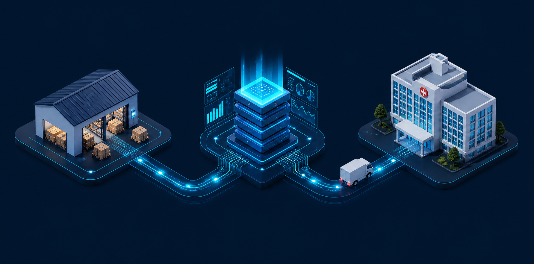 Ecossistema conectado entre estoque, tecnologia Medax e hospital